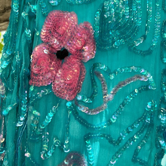 Turquoise Pink 100% Silk Floral Sequin Short Jacket | Hand Embroidered | Small - Picture 10 of 16